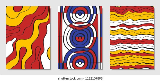 Cover Design Templates Set in Bauhaus Style. Abstract Backgrounds with Handwritten Wavy Lines and Ethnic Elements. Bright Hipster Abstraction. Vector Covers for Placard, Poster, Layout, Splash Screen.