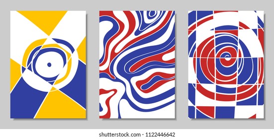 Cover Design Templates Set in Bauhaus Style. Abstract Backgrounds with Handwritten Wavy Lines and Ethnic Elements. Bright Hipster Abstraction. Vector Covers for Placard, Poster, Layout, Splash Screen.