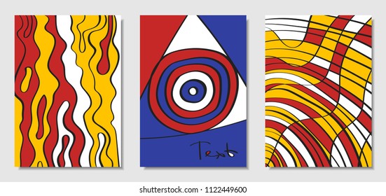 Cover Design Templates Set in Bauhaus Style. Abstract Backgrounds with Handwritten Wavy Lines and Ethnic Elements. Bright Hipster Abstraction. Vector Covers for Placard, Poster, Layout, Splash Screen.