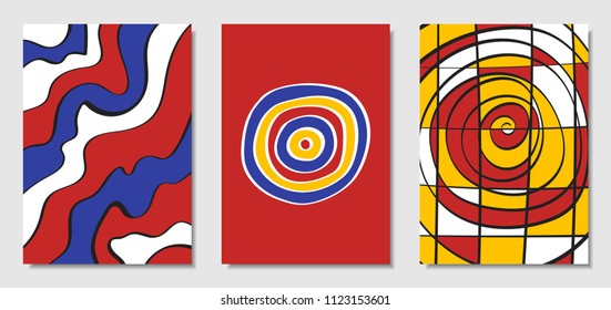 Cover Design Templates Set in Bauhaus Style. Abstract Backgrounds with Handwritten Wavy Lines and Ethnic Elements. Bright Hipster Abstraction. Vector Covers for Placard, Poster, Layout, Splash Screen.
