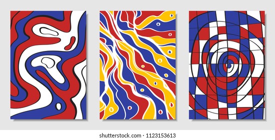 Cover Design Templates Set in Bauhaus Style. Abstract Backgrounds with Handwritten Wavy Lines and Ethnic Elements. Bright Hipster Abstraction. Vector Covers for Placard, Poster, Layout, Splash Screen.