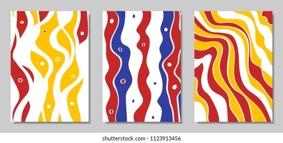 Cover Design Templates Set in Bauhaus Style. Abstract Backgrounds with Handwritten Wavy Lines and Ethnic Elements. Bright Hipster Abstraction. Vector Covers for Placard, Poster, Layout, Splash Screen.