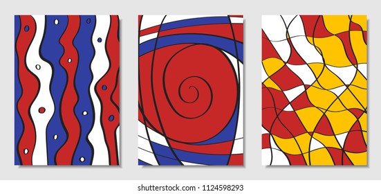 Cover Design Templates Set in Bauhaus Style. Abstract Backgrounds with Handwritten Wavy Lines and Ethnic Elements. Bright Hipster Abstraction. Vector Covers for Placard, Poster, Layout, Splash Screen.