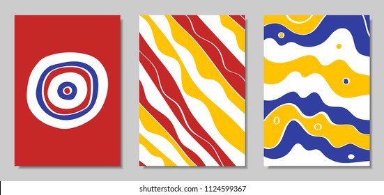 Cover Design Templates Set in Bauhaus Style. Abstract Backgrounds with Handwritten Wavy Lines and Ethnic Elements. Bright Hipster Abstraction. Vector Covers for Placard, Poster, Layout, Splash Screen.