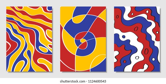 Cover Design Templates Set in Bauhaus Style. Abstract Backgrounds with Handwritten Wavy Lines and Ethnic Elements. Bright Hipster Abstraction. Vector Covers for Placard, Poster, Layout, Splash Screen.