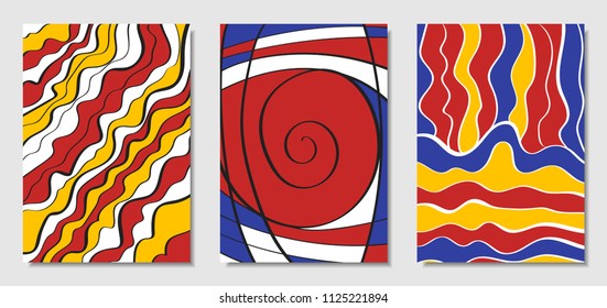 Cover Design Templates Set in Bauhaus Style. Abstract Backgrounds with Handwritten Wavy Lines and Ethnic Elements. Bright Hipster Abstraction. Vector Covers for Placard, Poster, Layout, Splash Screen.