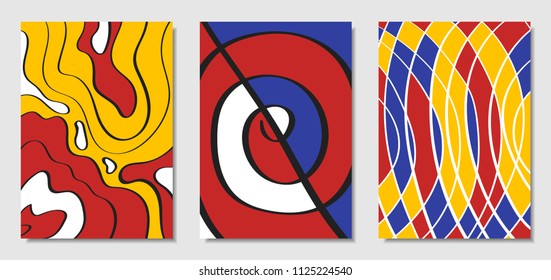 Cover Design Templates Set in Bauhaus Style. Abstract Backgrounds with Handwritten Wavy Lines and Ethnic Elements. Bright Hipster Abstraction. Vector Covers for Placard, Poster, Layout, Splash Screen.