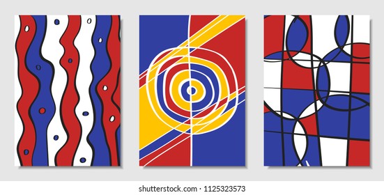 Cover Design Templates Set in Bauhaus Style. Abstract Backgrounds with Handwritten Wavy Lines and Ethnic Elements. Bright Hipster Abstraction. Vector Covers for Placard, Poster, Layout, Splash Screen.
