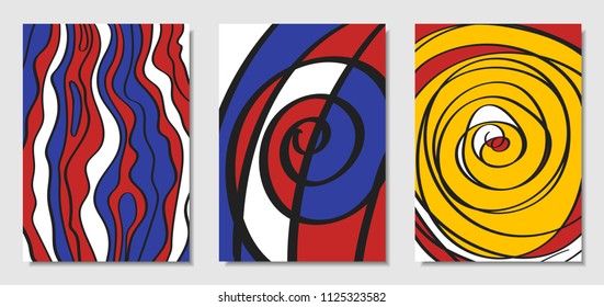 Cover Design Templates Set in Bauhaus Style. Abstract Backgrounds with Handwritten Wavy Lines and Ethnic Elements. Bright Hipster Abstraction. Vector Covers for Placard, Poster, Layout, Splash Screen.