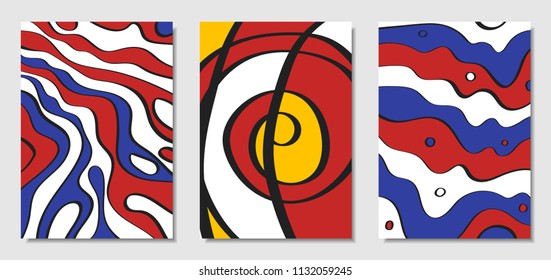 Cover Design Templates Set in Bauhaus Style. Abstract Backgrounds with Handwritten Wavy Lines and Ethnic Elements. Bright Hipster Abstraction. Vector Covers for Placard, Poster, Layout, Splash Screen.