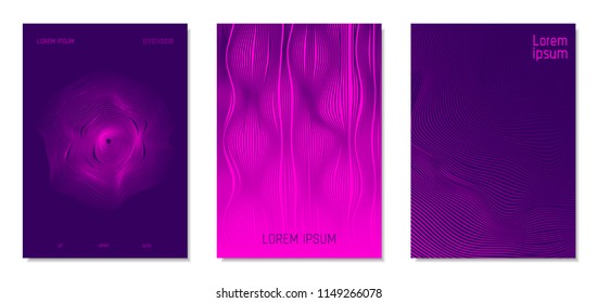 Cover Design Templates Set with Distortion Effect. Abstract Wave Striped Background. Geometric Templates with Flow Lines. EPS10 Vector Design. 3D Distortion for Brochure, Magazine, Music Poster, Book.