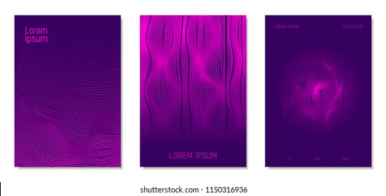 Cover Design Templates Set with Distortion Effect. Abstract Wave Striped Background. Geometric Templates with Flow Lines. EPS10 Vector Design. 3D Distortion for Brochure, Magazine, Music Poster, Book.