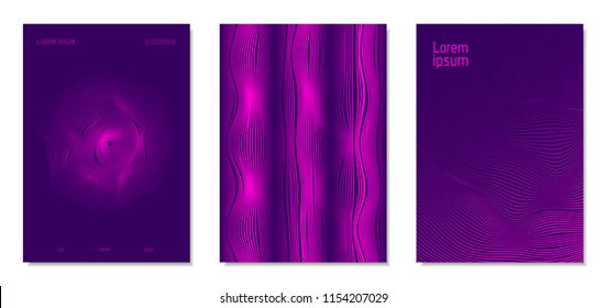 Cover Design Templates Set with Distortion Effect. Abstract Wave Striped Background. Geometric Templates with Flow Lines. EPS10 Vector Design. 3D Distortion for Brochure, Magazine, Music Poster, Book.