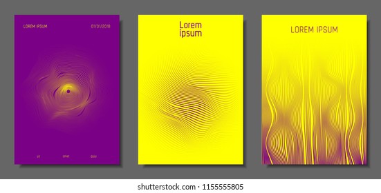 Cover Design Templates Set with Distortion Effect. Abstract Wave Striped Background. Geometric Templates with Flow Lines. EPS10 Vector Design. 3D Distortion for Brochure, Magazine, Music Poster, Book.