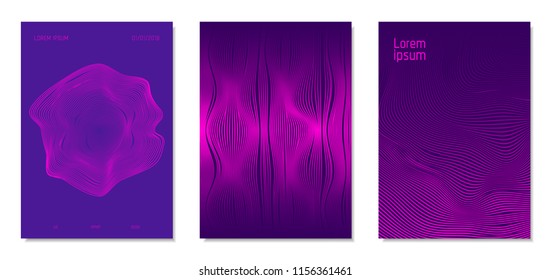 Cover Design Templates Set with Distortion Effect. Abstract Wave Striped Background. Geometric Templates with Flow Lines. EPS10 Vector Design. 3D Distortion for Brochure, Magazine, Music Poster, Book.