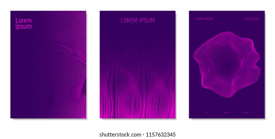 Cover Design Templates Set with Distortion Effect. Abstract Wave Striped Background. Geometric Templates with Flow Lines. EPS10 Vector Design. 3D Distortion for Brochure, Magazine, Music Poster, Book.