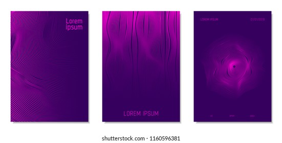 Cover Design Templates Set with Distortion Effect. Abstract Wave Striped Background. Geometric Templates with Flow Lines. EPS10 Vector Design. 3D Distortion for Brochure, Magazine, Music Poster, Book.