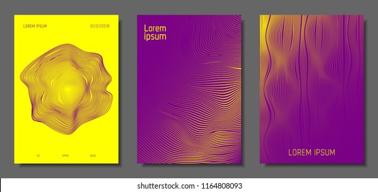 Cover Design Templates Set with Distortion Effect. Abstract Wave Striped Background. Geometric Templates with Flow Lines. EPS10 Vector Design. 3D Distortion for Brochure, Magazine, Music Poster, Book.