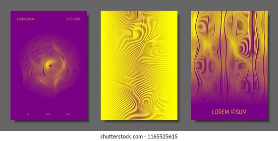 Cover Design Templates Set with Distortion Effect. Abstract Wave Striped Background. Geometric Templates with Flow Lines. EPS10 Vector Design. 3D Distortion for Brochure, Magazine, Music Poster, Book.