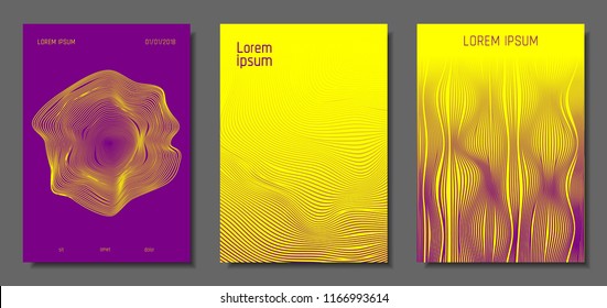 Cover Design-Vorlagen mit Verzerrungseffekt. Abstrakter Wellenstreifen-Hintergrund. Geometrische Vorlagen mit Flusslinien. EPS10 Vektordesign. 3D Verzerrung für Broschüre, Magazin, Musikposter, Buch.