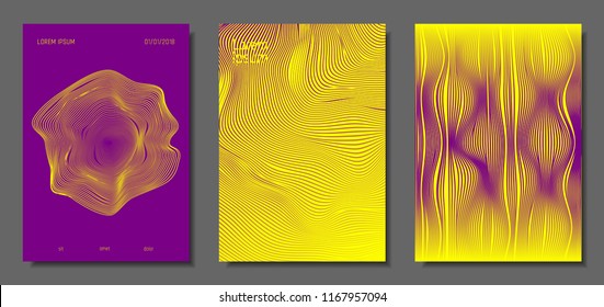 Cover Design Templates Set with Distortion Effect. Abstract Wave Striped Background. Geometric Templates with Flow Lines. EPS10 Vector Design. 3D Distortion for Brochure, Magazine, Music Poster, Book.