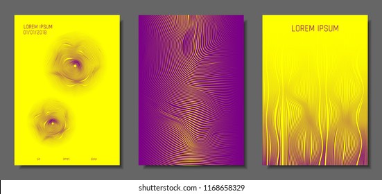 Cover Design Templates Set with Distortion Effect. Abstract Wave Striped Background. Geometric Templates with Flow Lines. EPS10 Vector Design. 3D Distortion for Brochure, Magazine, Music Poster, Book.
