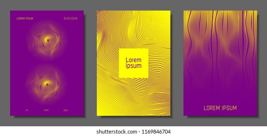 Cover Design Templates Set with Distortion Effect. Abstract Wave Striped Background. Geometric Templates with Flow Lines. EPS10 Vector Design. 3D Distortion for Brochure, Magazine, Music Poster, Book.