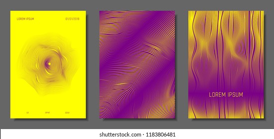 Cover Design Templates Set with Distortion Effect. Abstract Wave Striped Background. Geometric Templates with Flow Lines. EPS10 Vector Design. 3D Distortion for Brochure, Magazine, Music Poster, Book.