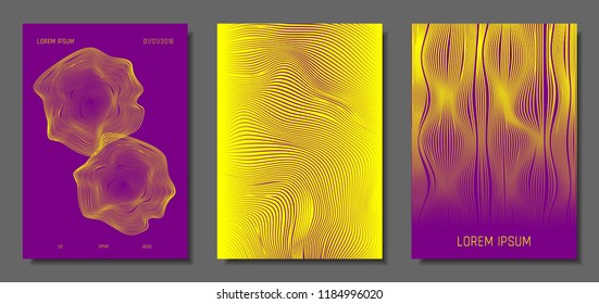 Cover Design Templates Set with Distortion Effect. Abstract Wave Striped Background. Geometric Templates with Flow Lines. EPS10 Vector Design. 3D Distortion for Brochure, Magazine, Music Poster, Book.
