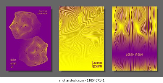 Cover Design Templates Set with Distortion Effect. Abstract Wave Striped Background. Geometric Templates with Flow Lines. EPS10 Vector Design. 3D Distortion for Brochure, Magazine, Music Poster, Book.