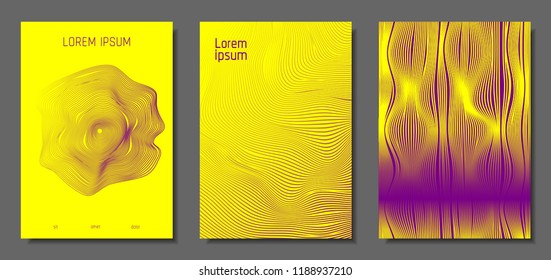 Cover Design Templates Set with Distortion Effect. Abstract Wave Striped Background. Geometric Templates with Flow Lines. EPS10 Vector Design. 3D Distortion for Brochure, Magazine, Music Poster, Book.