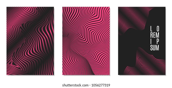 Cover Design Templates Set with Effect of Optical Illusion in Pink and Black Colors. Abstract Backgrounds with Distortion of Geometric Shapes. Trendy Covers with Text and Gradient for Magazine, Book.