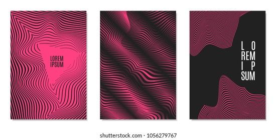 Cover Design Templates Set with Effect of Optical Illusion in Pink and Black Colors. Abstract Backgrounds with Distortion of Geometric Shapes. Trendy Covers with Text and Gradient for Magazine, Book.