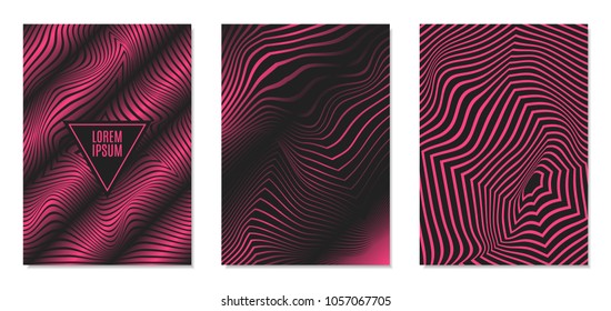 Cover Design Templates Set with Effect of Optical Illusion in Pink and Black Colors. Abstract Backgrounds with Distortion of Geometric Shapes. Trendy Covers with Text and Gradient for Magazine, Book.