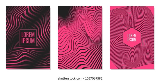 Cover Design Templates Set with Effect of Optical Illusion in Pink and Black Colors. Abstract Backgrounds with Distortion of Geometric Shapes. Trendy Covers with Text and Gradient for Magazine, Book.