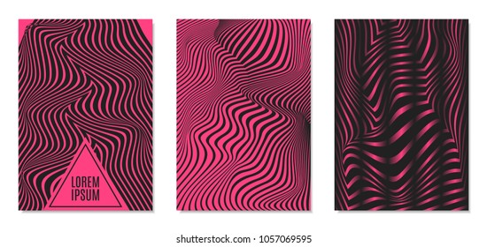 Cover Design Templates Set with Effect of Optical Illusion in Pink and Black Colors. Abstract Backgrounds with Distortion of Geometric Shapes. Trendy Covers with Text and Gradient for Magazine, Book.