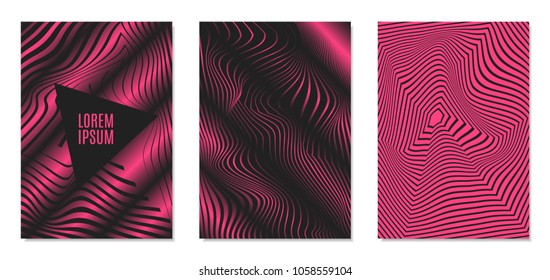 Cover Design Templates Set with Effect of Optical Illusion in Pink and Black Colors. Abstract Backgrounds with Distortion of Geometric Shapes. Trendy Covers with Text and Gradient for Magazine, Book.