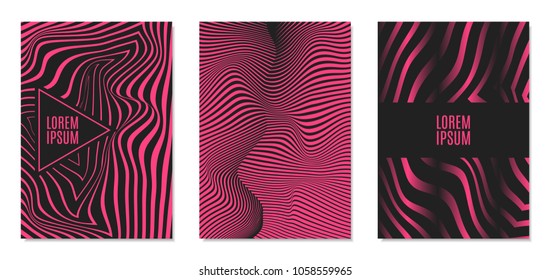Cover Design Templates Set with Effect of Optical Illusion in Pink and Black Colors. Abstract Backgrounds with Distortion of Geometric Shapes. Trendy Covers with Text and Gradient for Magazine, Book.