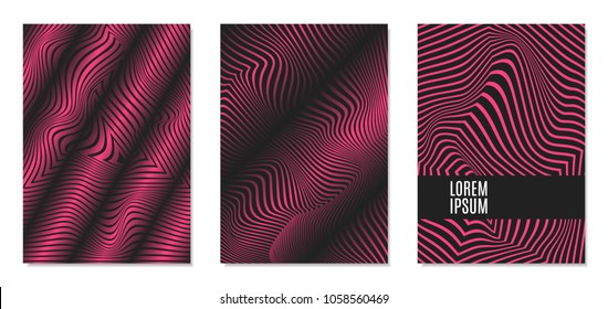 Cover Design Templates Set with Effect of Optical Illusion in Pink and Black Colors. Abstract Backgrounds with Distortion of Geometric Shapes. Trendy Covers with Text and Gradient for Magazine, Book.