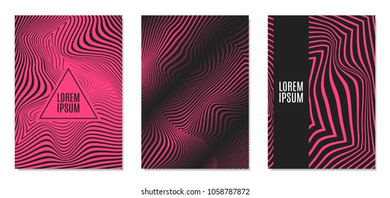 Cover Design Templates Set with Effect of Optical Illusion in Pink and Black Colors. Abstract Backgrounds with Distortion of Geometric Shapes. Trendy Covers with Text and Gradient for Magazine, Book.