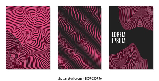 Cover Design Templates Set with Effect of Optical Illusion in Pink and Black Colors. Abstract Backgrounds with Distortion of Geometric Shapes. Trendy Covers with Text and Gradient for Magazine, Book.
