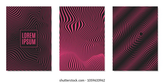Cover Design Templates Set with Effect of Optical Illusion in Pink and Black Colors. Abstract Backgrounds with Distortion of Geometric Shapes. Trendy Covers with Text and Gradient for Magazine, Book.