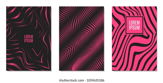 Cover Design Templates Set with Effect of Optical Illusion in Pink and Black Colors. Abstract Backgrounds with Distortion of Geometric Shapes. Trendy Covers with Text and Gradient for Magazine, Book.