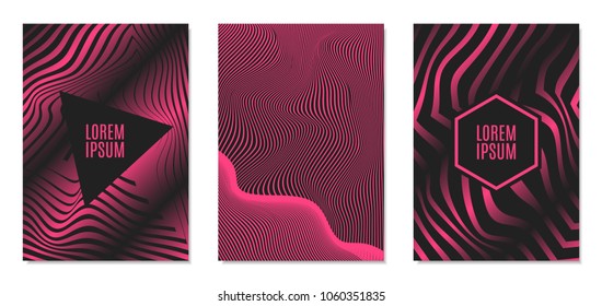 Cover Design Templates Set with Effect of Optical Illusion in Pink and Black Colors. Abstract Backgrounds with Distortion of Geometric Shapes. Trendy Covers with Text and Gradient for Magazine, Book.