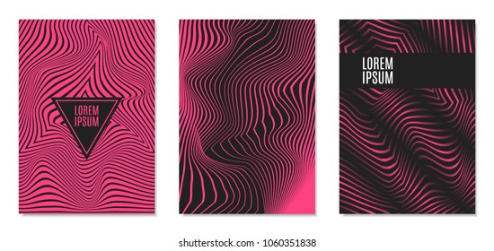 Cover Design Templates Set with Effect of Optical Illusion in Pink and Black Colors. Abstract Backgrounds with Distortion of Geometric Shapes. Trendy Covers with Text and Gradient for Magazine, Book.