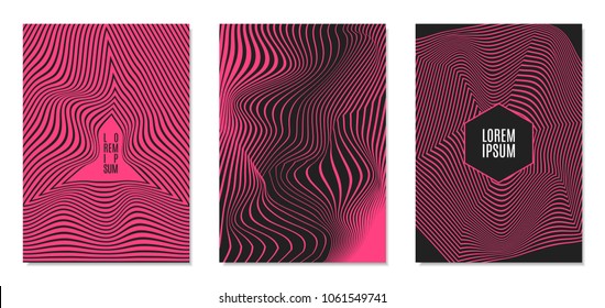 Cover Design Templates Set with Effect of Optical Illusion in Pink and Black Colors. Abstract Backgrounds with Distortion of Geometric Shapes. Trendy Covers with Text and Gradient for Magazine, Book.