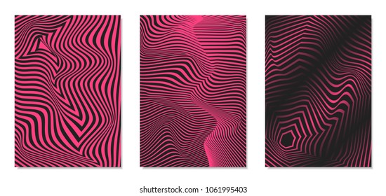 Cover Design Templates Set with Effect of Optical Illusion in Pink and Black Colors. Abstract Backgrounds with Distortion of Geometric Shapes. Trendy Covers with Text and Gradient for Magazine, Book.