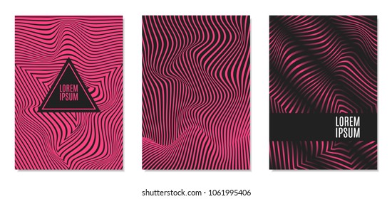 Cover Design Templates Set with Effect of Optical Illusion in Pink and Black Colors. Abstract Backgrounds with Distortion of Geometric Shapes. Trendy Covers with Text and Gradient for Magazine, Book.