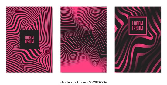 Cover Design Templates Set with Effect of Optical Illusion in Pink and Black Colors. Abstract Backgrounds with Distortion of Geometric Shapes. Trendy Covers with Text and Gradient for Magazine, Book.