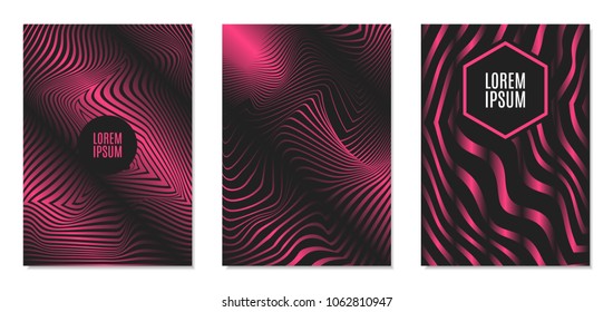 Cover Design Templates Set with Effect of Optical Illusion in Pink and Black Colors. Abstract Backgrounds with Distortion of Geometric Shapes. Trendy Covers with Text and Gradient for Magazine, Book.